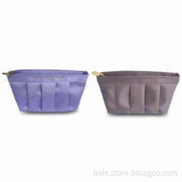 Pleated Satin Cosmetic Bags with Zipper Closure and Engraved Metal Puller, Various Colors and Sizes